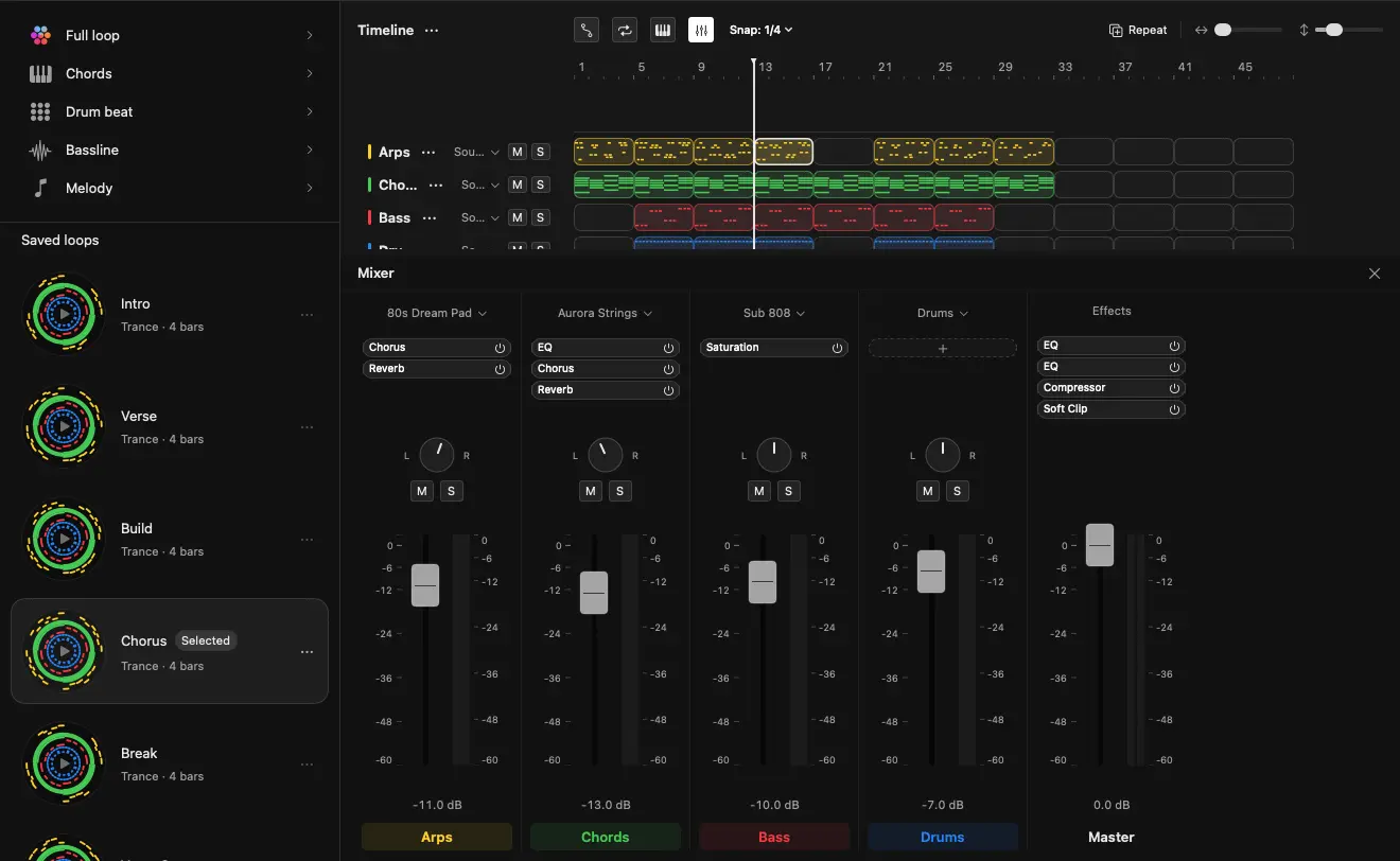 Songen on Mac with the song timeline above a mixer with track faders, panning, and a master channel