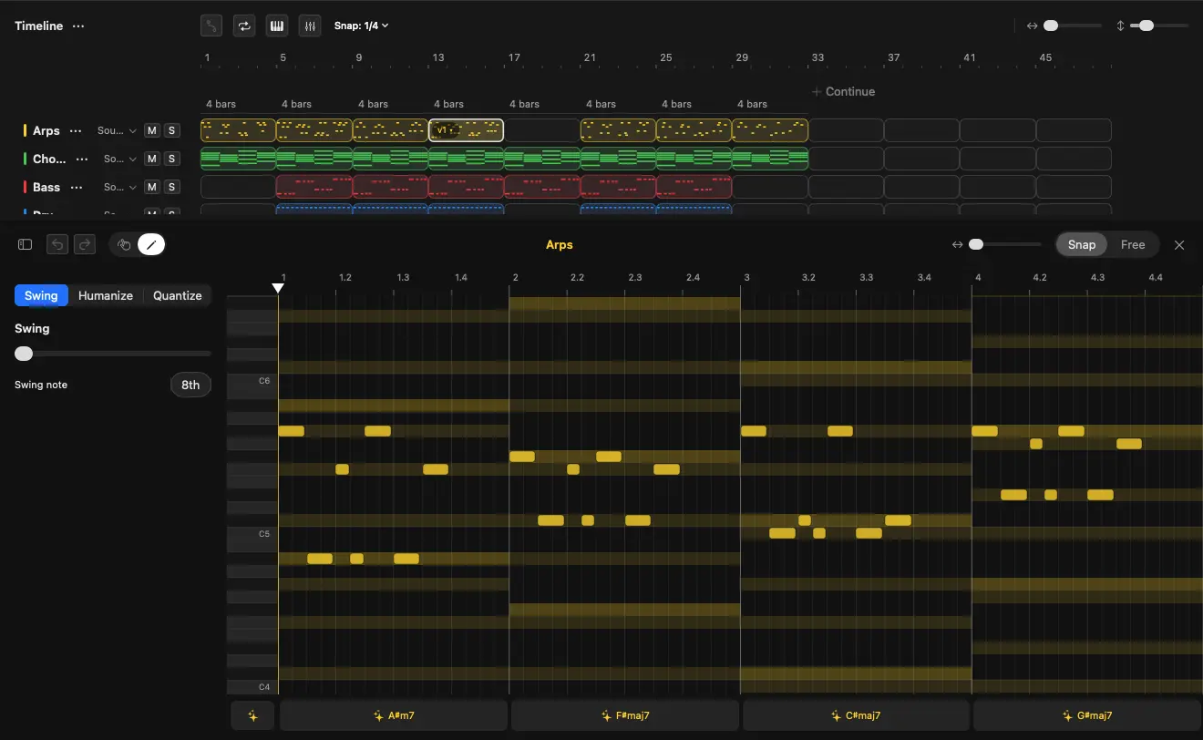 Songen Mac piano roll with editable melody notes and chord-aware generation